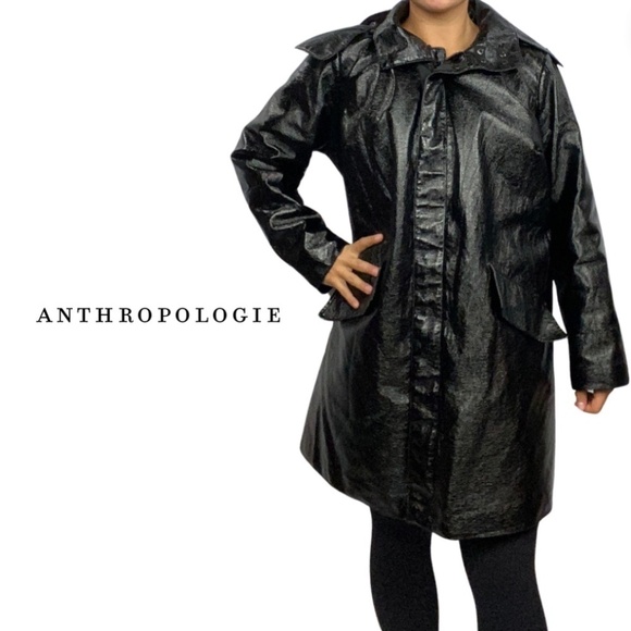 Anthropologie Avec Les Filles Midnight Noir Coated Black Trench Coat - Size 1X - Picture 1 of 12